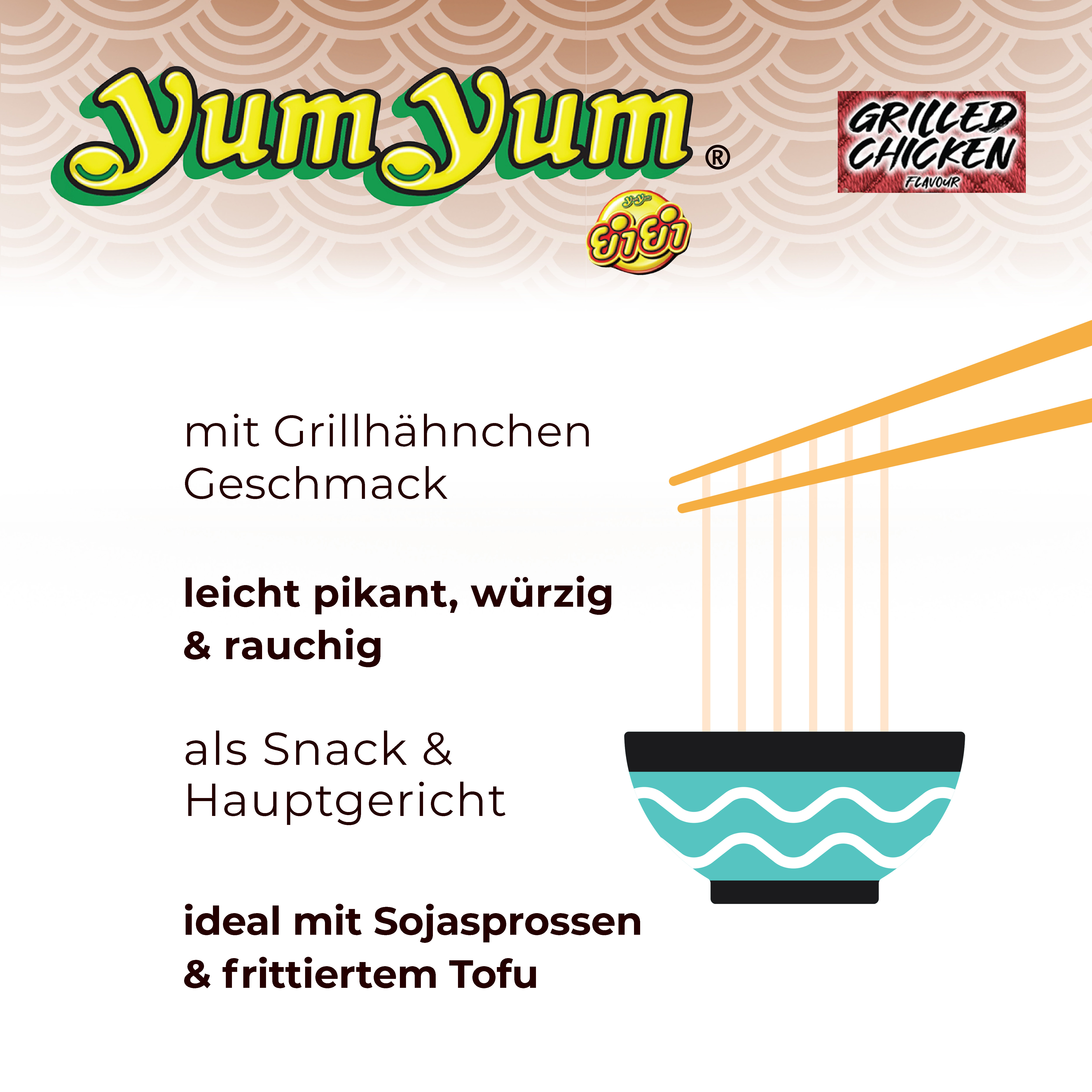 YumYum Grilled Chicken Flavour 120x70g Asiatische Instant Nudeln Grillhähnchen-Geschmack