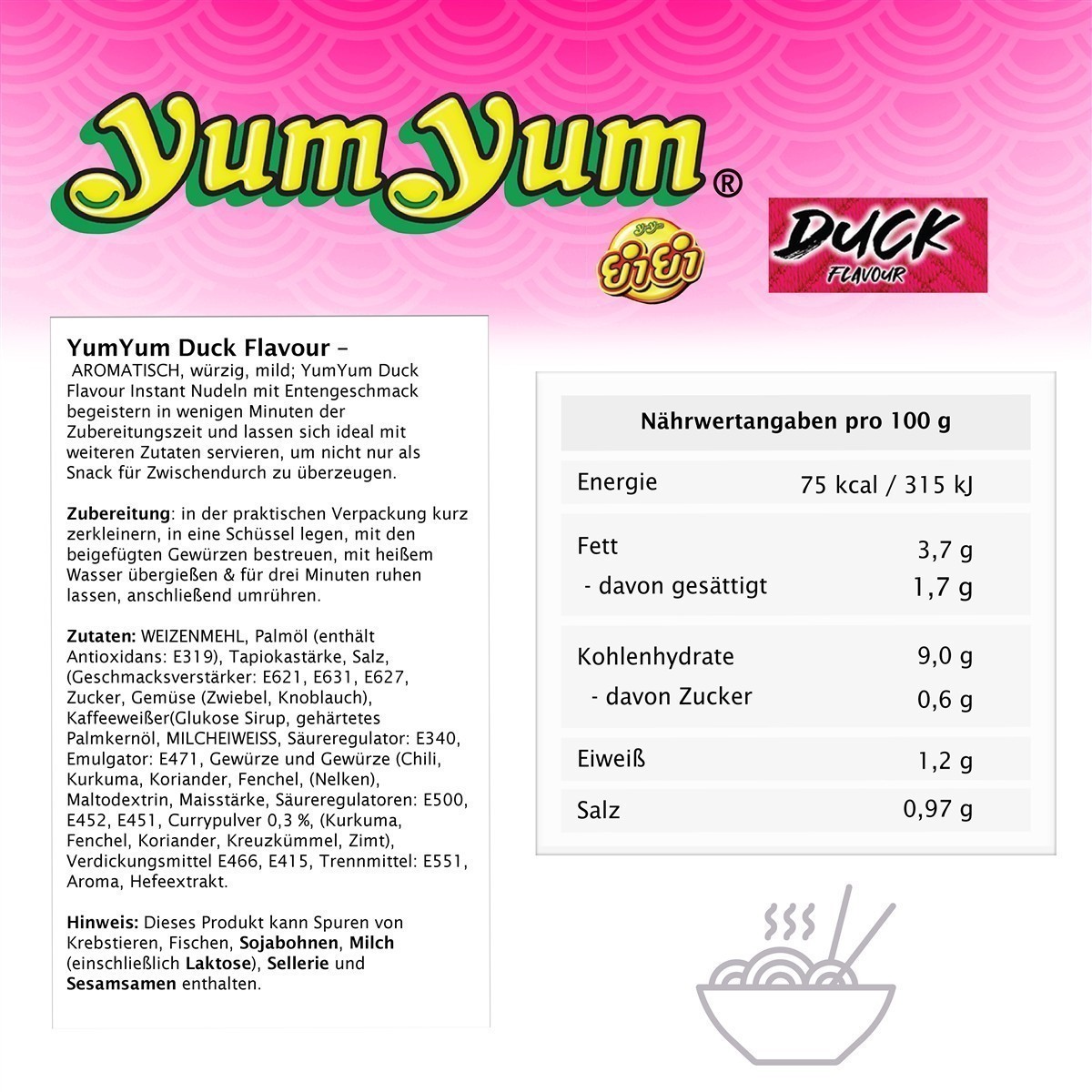 YumYum Duck Flavour 120x 60g Asiatische Instant Nudeln mit Entengeschmack