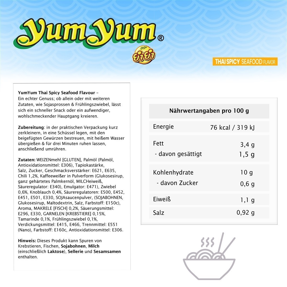 YumYum Thai Spicy Seafood Flavour 120x70g Asiatische Instant Nudeln aus Thailand