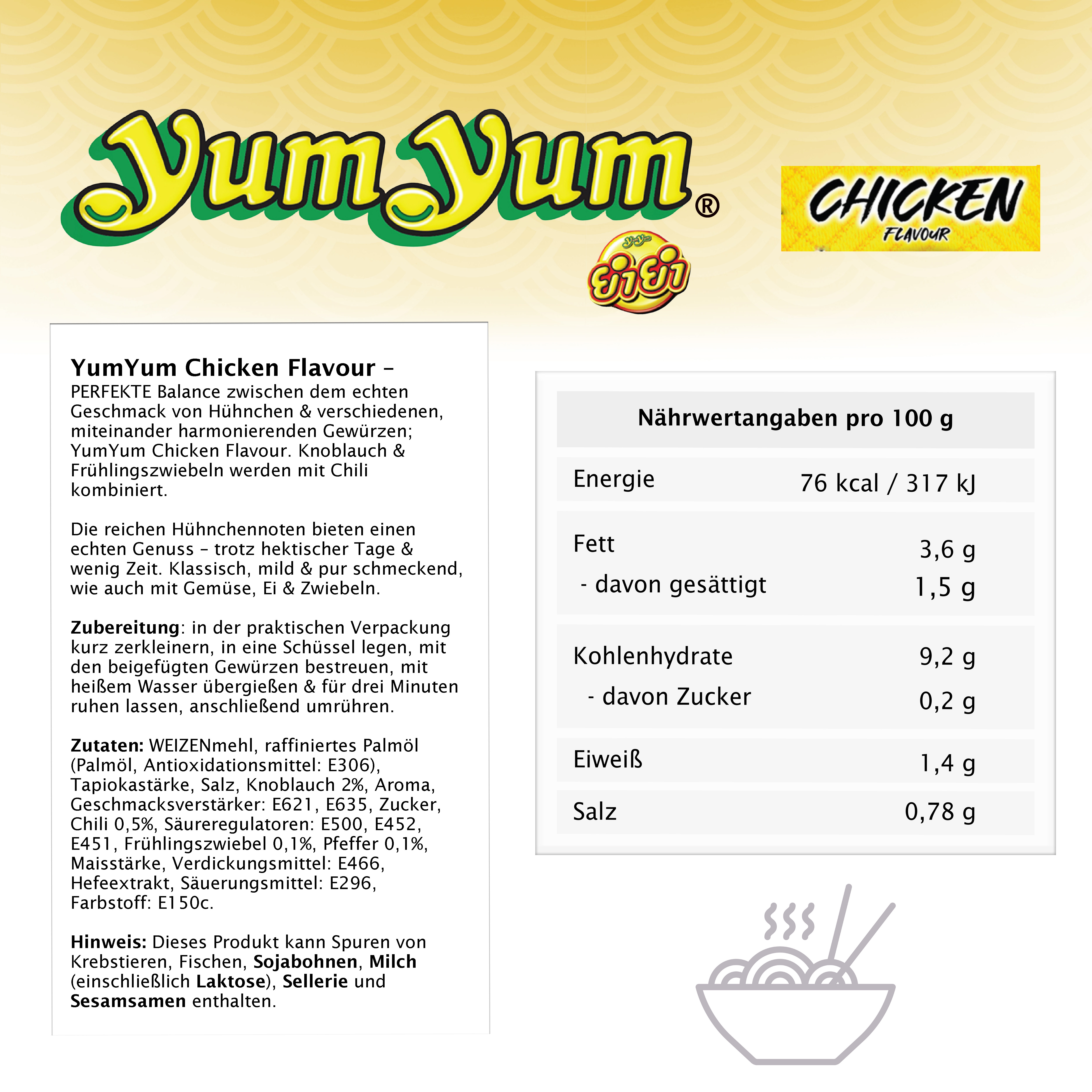 YumYum Chicken Flavour Cup 120x 70g Asiatische Instant Nudeln im Becher mit Huhngeschmack, zubereitet in wenigen Minuten, authentisch thailändisch, als Snack für unterwegs, Herstellung in Thailand