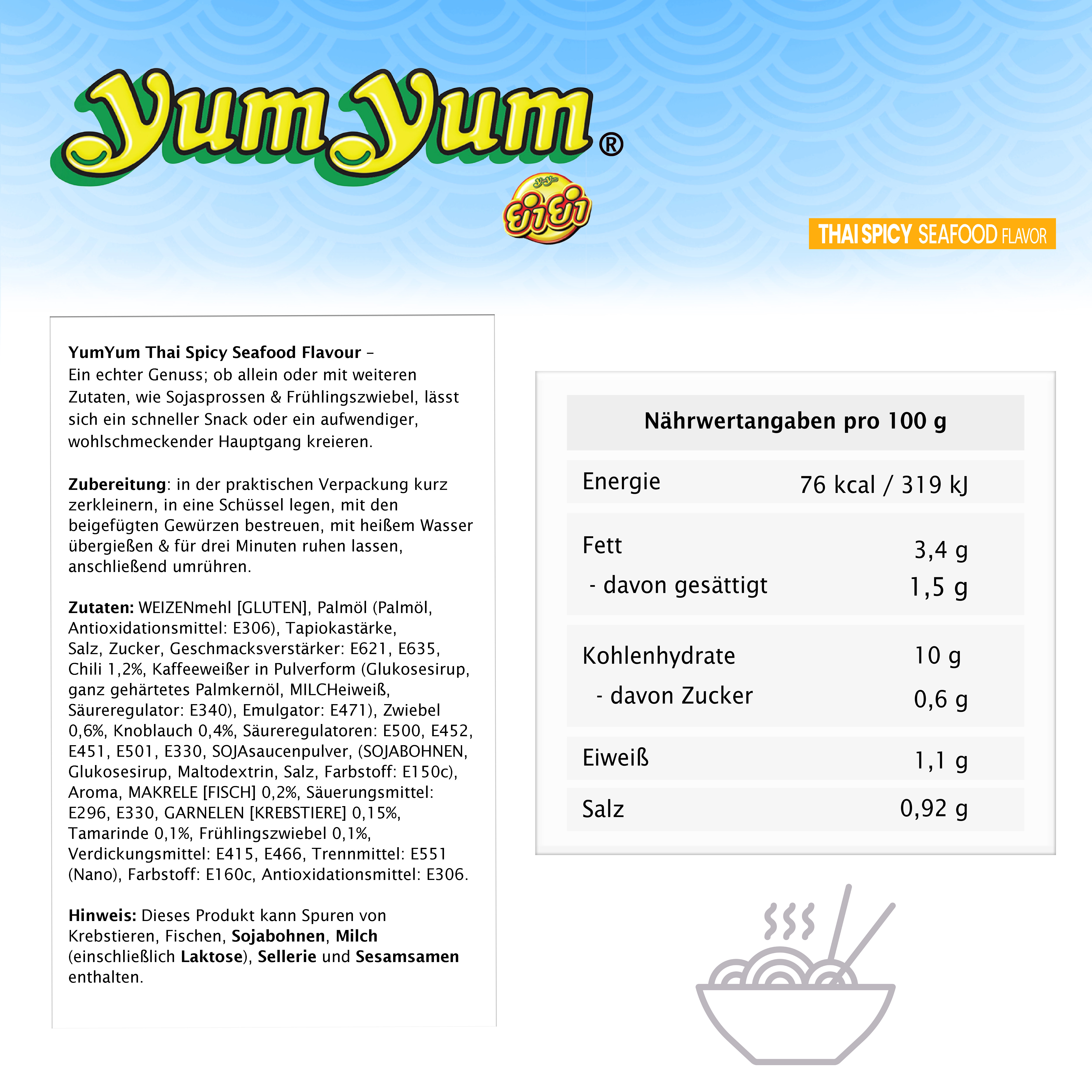 YumYum Thai Spicy Seafood Flavour 120x70g Asiatische Instant Nudeln aus Thailand