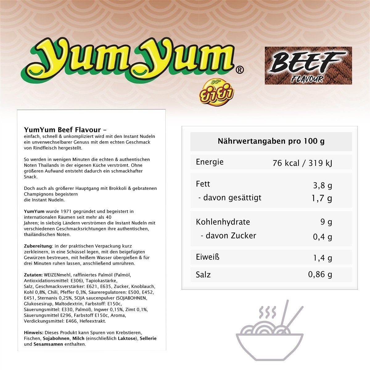 YumYum Beef Flavour Cup 12x 70g Asiatische Instant Nudeln mit Rindfleischgeschmack