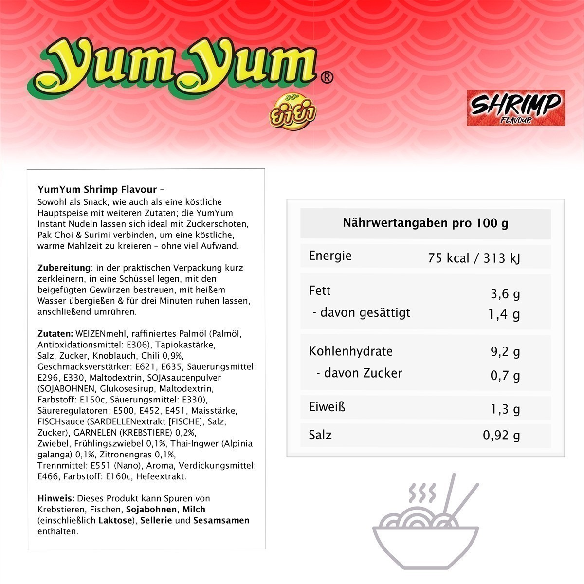 YumYum Shrimp Flavour Cup 24x 70g Asiatische Instant Nudeln mit Garnelengeschmack