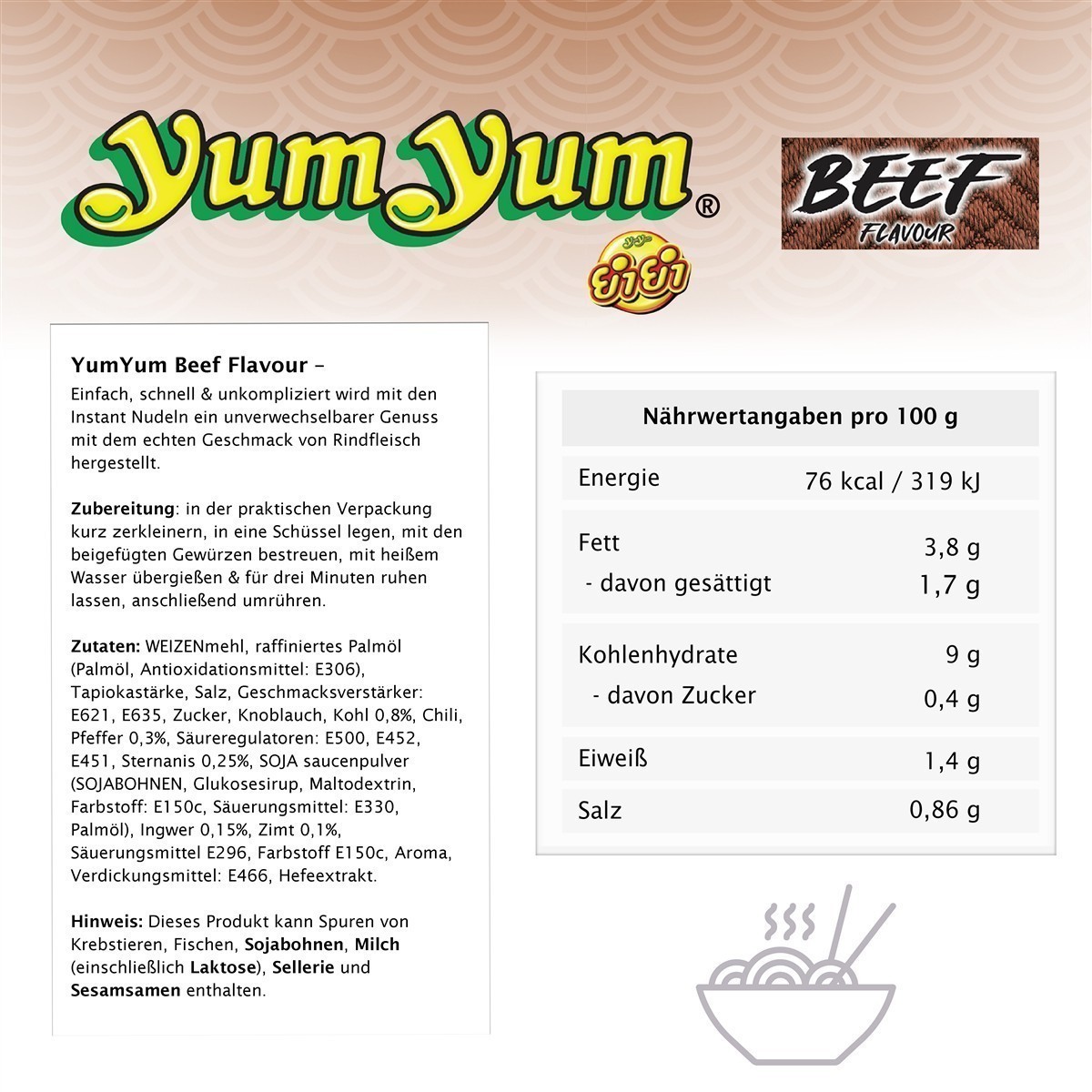 YumYum Beef Flavour 30x60g Asiatische Instant Nudeln mit Rindfleischgeschmack
