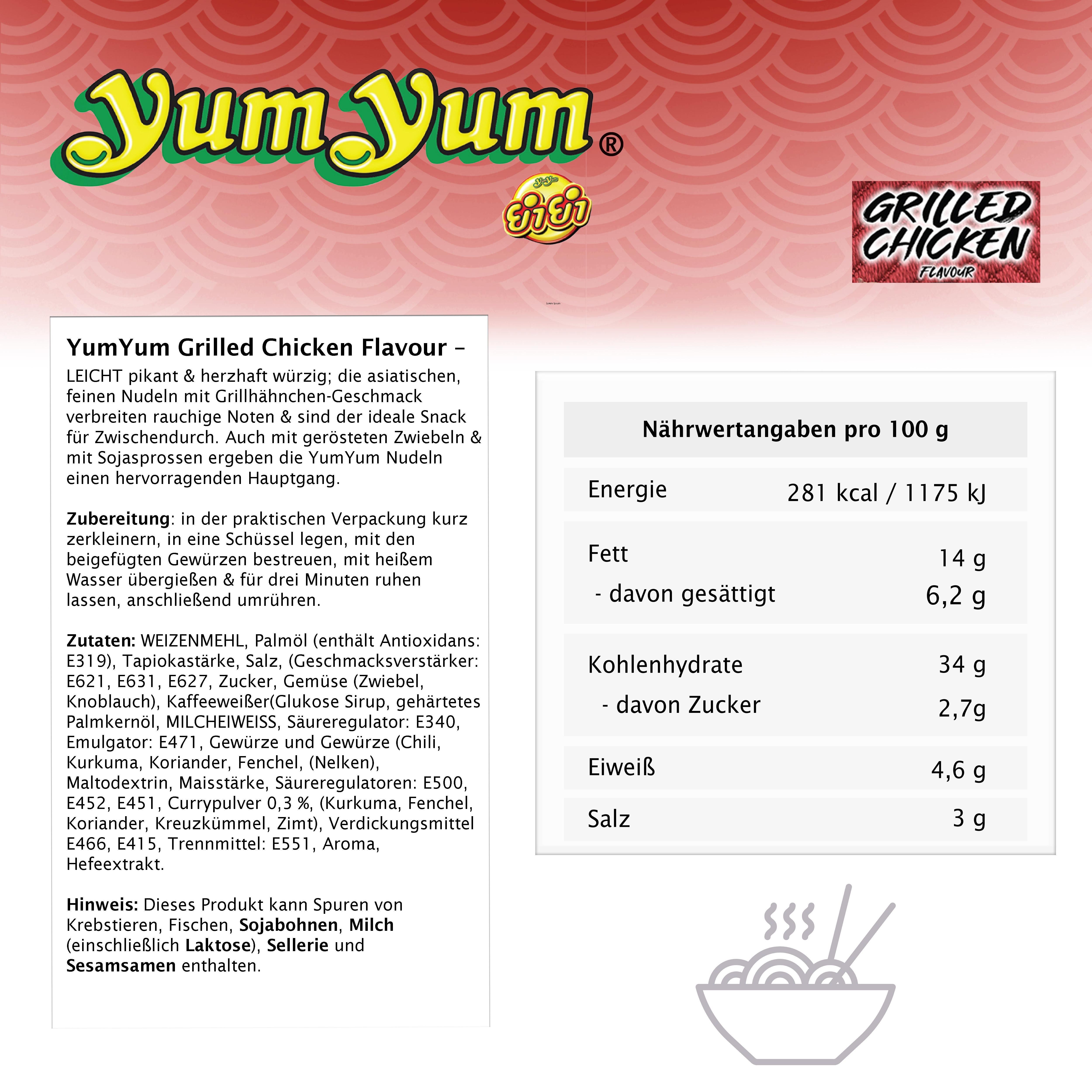 YumYum Grilled Chicken Flavour 120x70g Asiatische Instant Nudeln Grillhähnchen-Geschmack