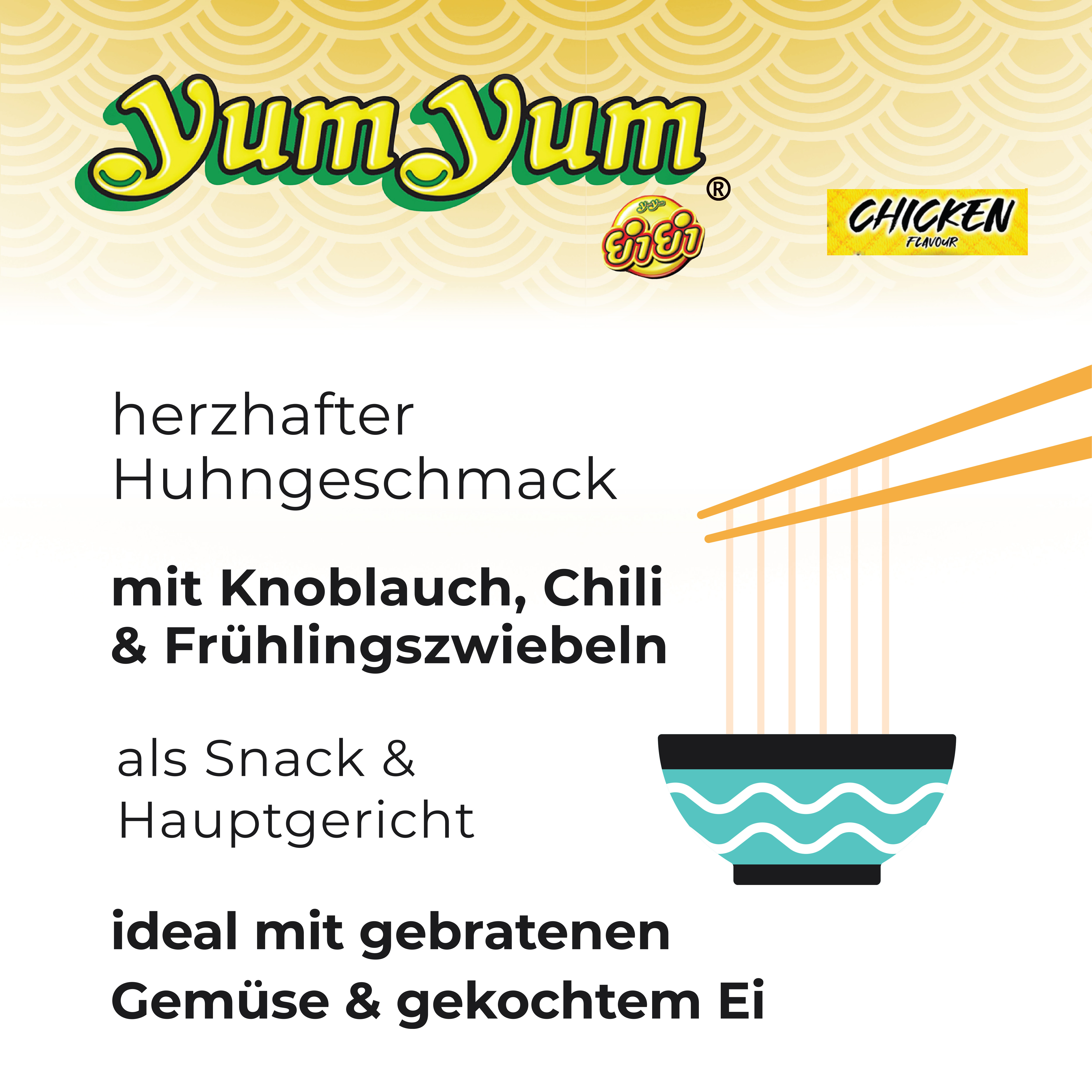 YumYum Chicken Flavour Cup 120x 70g Asiatische Instant Nudeln im Becher mit Huhngeschmack, zubereitet in wenigen Minuten, authentisch thailändisch, als Snack für unterwegs, Herstellung in Thailand