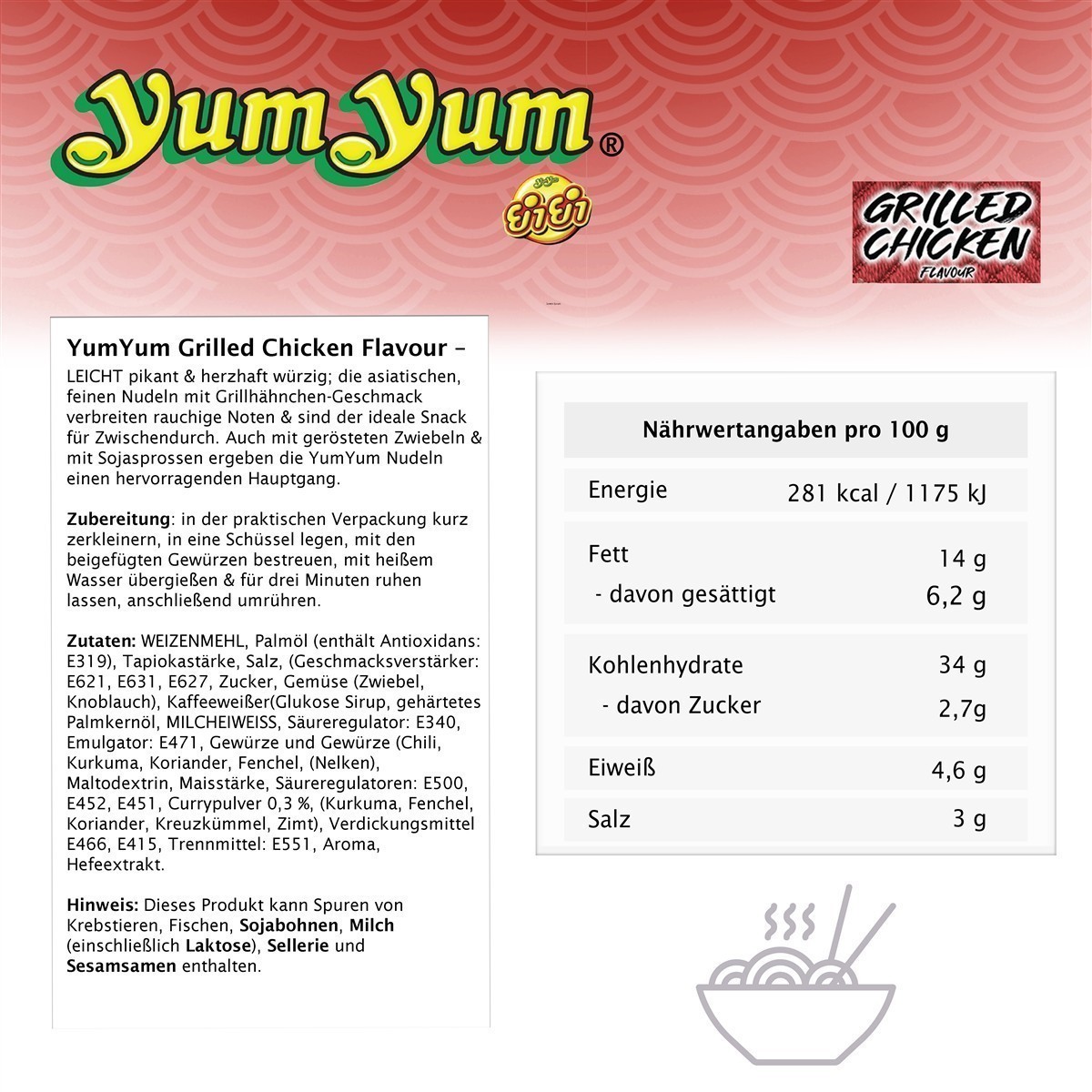 YumYum Grilled Chicken Flavour 30x70g Instant Nudeln mit Grillhähnchen-Geschmack